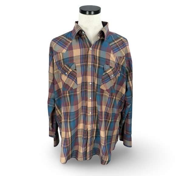 Ely Cattleman Western Shirt Men’s 2XL XXL Brown Blue Plaid Pearl Snap Button-Up - Picture 1 of 9